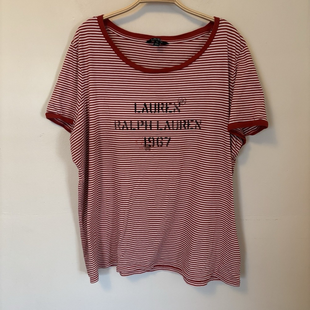 Lauren Ralph Lauren Women's Graphic T-shirt Red Striped 3X Preppy Cotton Blend